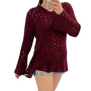 Vintage Y2K Crochet Knit Hooded Sweater Swim Cover Up Long Sleeve XL Burgundy